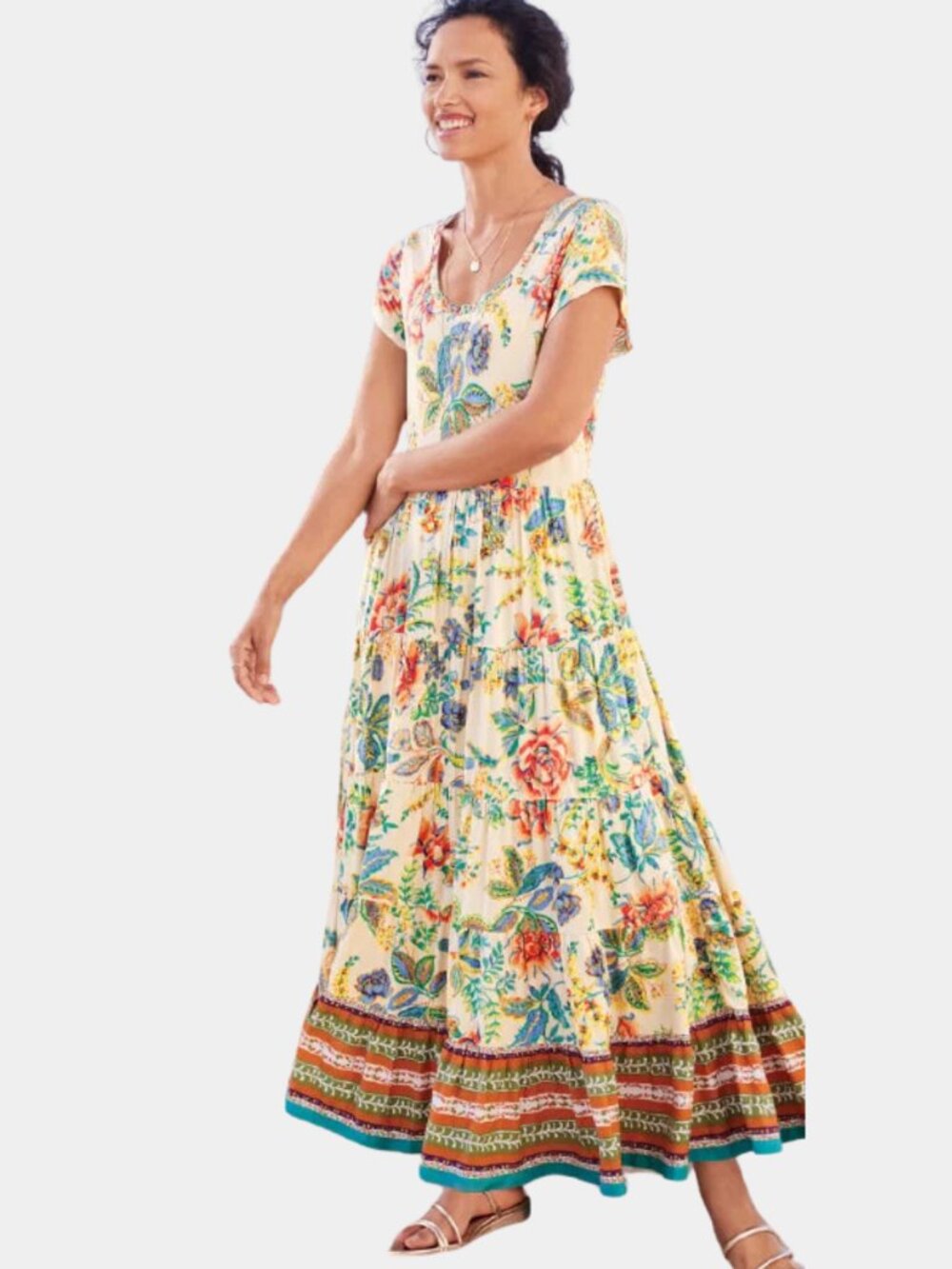Soft Surroundings Kara Maxi Dress L Floral Tiered Boho Cottagecore Resortwear